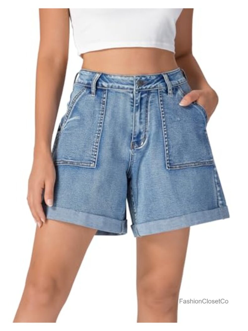 Women's Stretch Baggy Cuffed Hem Denim Jean Shorts High Stretch Cotton 5.7 Inch